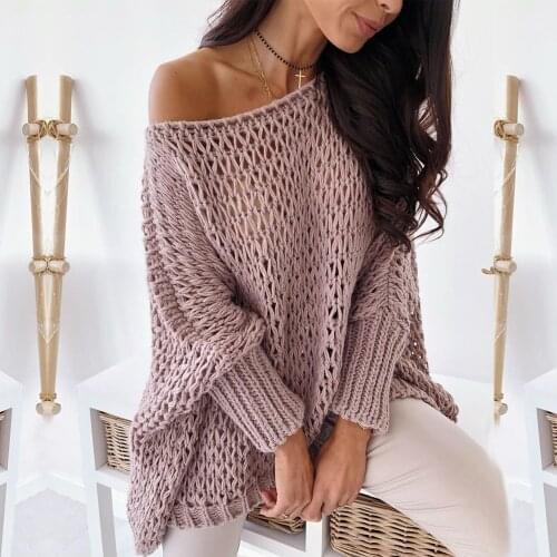 Paris Girl Autumn Womens Sweaters Crocheted Slash Neck Bat Pullovers Hollow Loose Top Femme Knitted Batwing Sleeve Sweaters