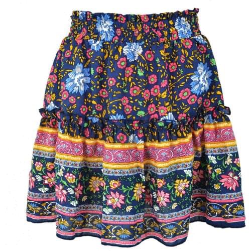 Casual Women Skirts Hot Sale Above Knee Mini Skirt 2021 Bohemian Floral Print Ruffles A-line Skirts Shirring High Waist Skirt