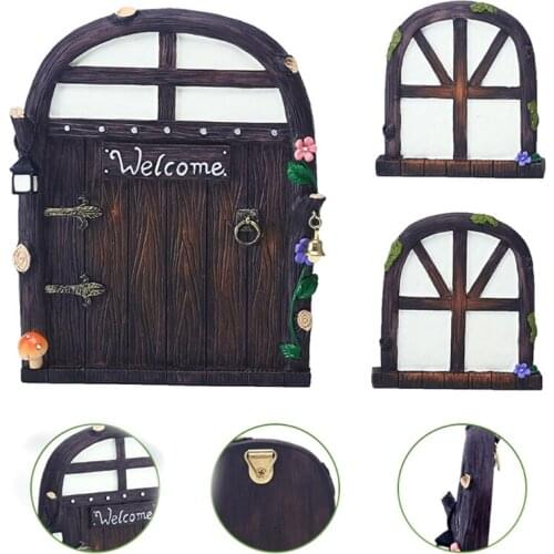 Luminous Fairy Doors Windows Tree Ornament Pendant Outdoor Garden Cartoon Sculpture Creative Hanging Art Crafts Home Craft