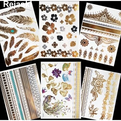 Women Hand Plum Flower Temporary Tattoo Clavicle Gold Metallic Shoulder Butterfly Tattoo Stickers Girls Leaf Flash Tatoos Wrist