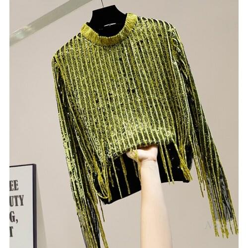 Hoodie Women Fashion Sequins Mesh Stitching Cool Womens Sweatshirt Round Neck Pullover Autumn and Winter LadyTassel Shirt Top