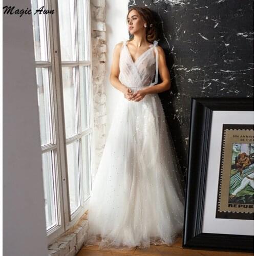 Magic Awn Graceful Boho Wedding Dresses Lace Appliques Pearls Beaded Beach Mariage Gowns With Bow Straps Illusion Abito Da Sposa