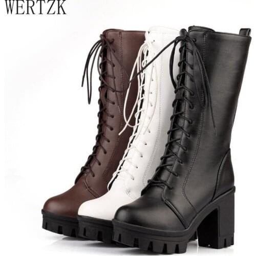 Women Motorcycle Boots Boots Round Toe Lacing Shoes Women High Heel Female Fashion PU Plus Size Square Heels