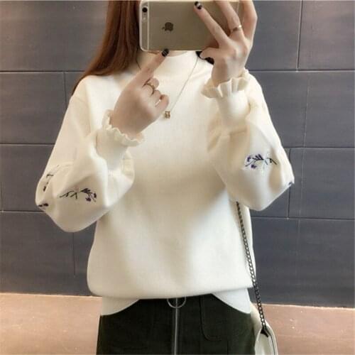 2020 Autumn Winter Plus Size Women Flower Embroidery Pullover Sweater High Quality Loose Lantern Sleeve Female Knit Sweater Z584