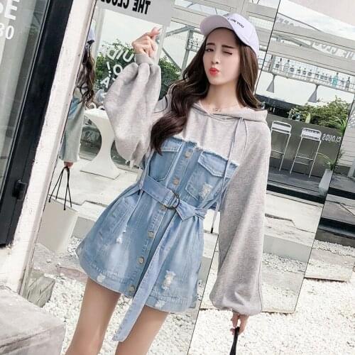 2020 Korean Fashion Women Denim Dresses Hooded Spliced Sashes Ripped Sexy Mini Dress Ladies Streetwear Slim Fit Long Sleeve New
