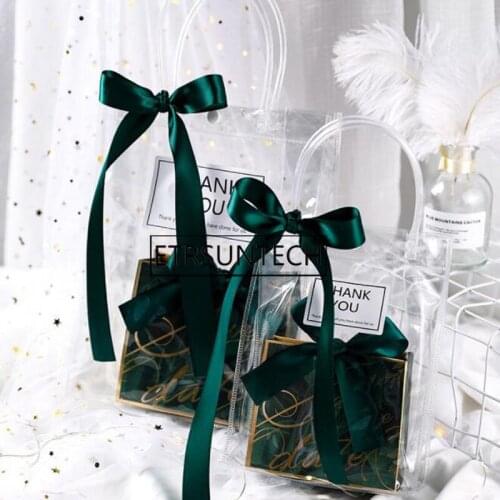 100pcs PVC Transparent Tote Bag Ribbon Bow-knot Decoration Candy Box Package Bags Wedding Bridesmaid Gift Packaging