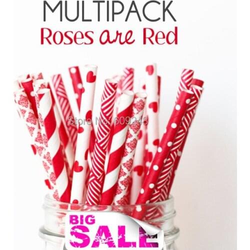 125pcs Mixed Colors ROSES ARE RED Party Paper Straws,Red and White Striped,Swiss Dot,Heart,Damask,Weave,Love,Valentines Day