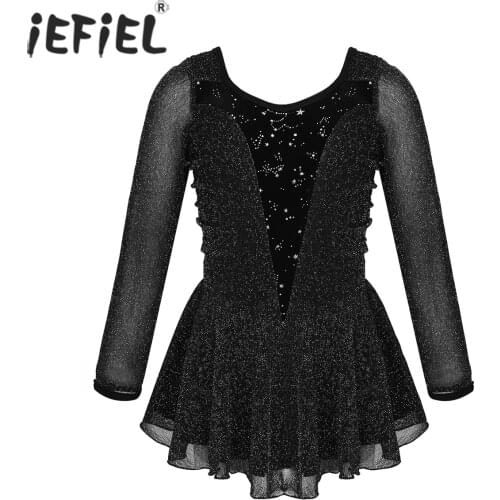 Kids Girls Shiny Stretchy Velvet Ice Skating Snow Swept Dress Figure Skating Dress Ballroom Dancer Gymnastics Leotard Costumes