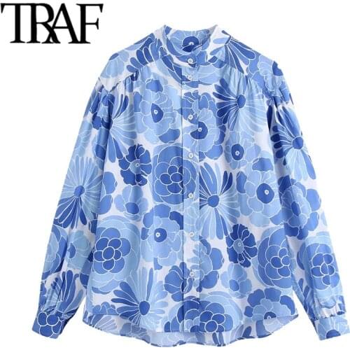 TRAF Women Fashion Oversized Floral Print Blouses Vintage Long Sleeve Button-up Female Shirts Blusas Chic Tops
