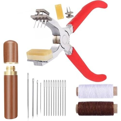 LMDZ Red Stitching Hole Punch ,4mm Silent Leather Hand Pliers with Leather Needle,Wooden Needle Case,Waxed Thread for Belts
