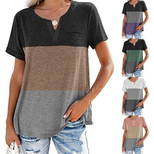 T-shirt Blouses V-neck Three Color Matching Top Oversized t-shirt Woman clothes 2021 Pocket Casual T-shirt Female Short Sleeve