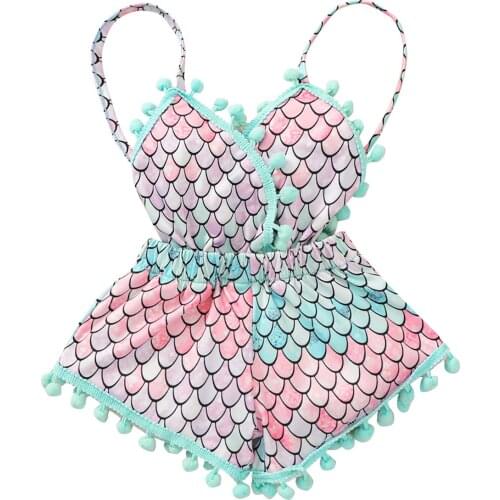 2021 Fashion Newborn Baby Girls Tie-up Romper Rainbow/Scale Pattern Spaghetti Strap V-Neck Romper with Flower/Pompom 0-3T