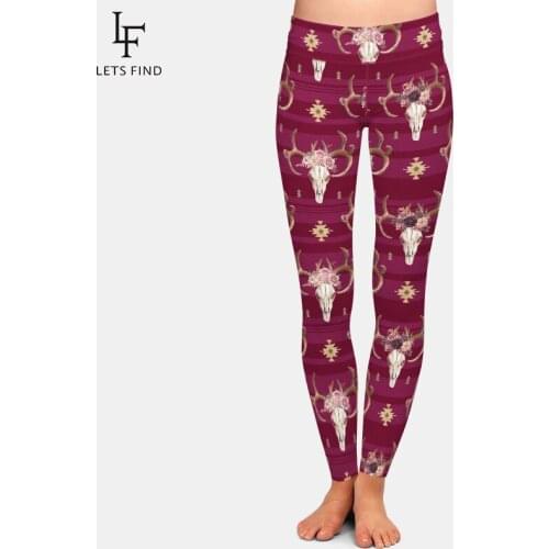LETSFIND 3D Watercolor Boho Style Deer Skull with Antlers and Floral Print Pants High Waist Plus Size Fitness Elastic Leggings