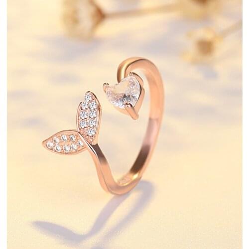 Fashionable mermaid tail cuff adjustable ring with zircon sea whale tail shell love heart-shaped crystal ring romantic gift