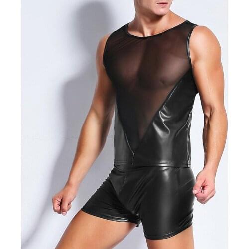 Mens Sleeveless Wetlook Faux Leather Top Shirt Clubwear Stage Performance Costume Male Mesh Patchwork Hollow Out Tight T-shirt