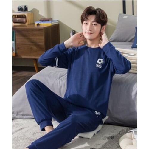 Hot Sale Pajamas Men Casual Soft Print Korean Style Sleepwear Men Long Sleeve Cotton Round Neck Nightsuit