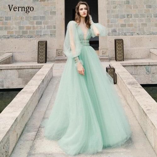 Verngo 2021 Korea Light Green A Line Tulle Prom Dresses Puffy Long Sleeves V Neck Waist Band Elegant Evening Gowns Vestidos