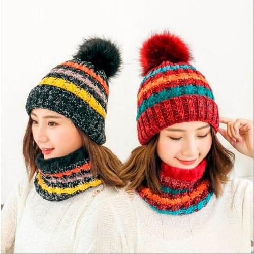 2018 Hot Neck Scarf Warm Winter Hat Women Caps Girl Ski Hat Skullies Beanies Pompom Hats Balaclava Knitted Hat