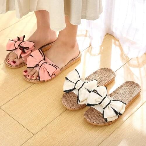 Summer Fashion Casual Sandals Ladies Comfortable Slippers Striped Bow Linen Flip-Flop Sandals Ladies Indoor Outdoor Slippers