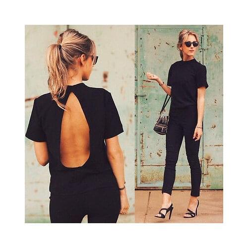 Fashion Women Summer Loose Backless Top Short Sleeve Backless Ladies Casual Tops T-Shirt camisetas mujer verano