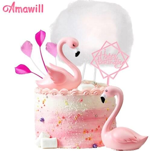Amawill Flamingo Party Pink Happy Birthday Cupcake Topper Feather Cloud Cake Decoration For Birthday Party Wedding Cake Decor 8D