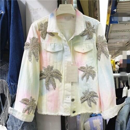 New Fashion Beading Diamond Washed Denim Short Jacket Women 2021 Spring Autumn Single Breasted Gradient Color Jeans Coat H1485