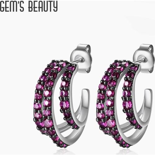 GEMS BEAUTY 925 Sterling Silver Statement Earrings Dazzling Lab Created Ruby Pave Hoop Earrings For Women Fashion Jewelry