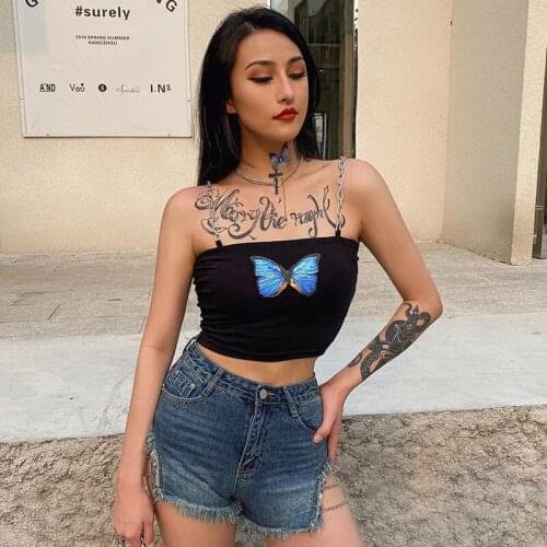 European And American Ins Butterfly Print Chain Camisole Womens Slim Slimming Short Style With Retro Tops Dropshipping Print