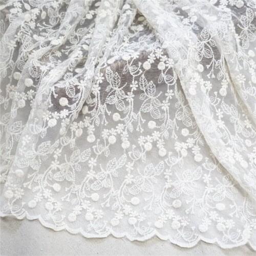 2 Yards Beige Cotton Flower Leaf Embroidery French Lace fabric Soft mesh For Wedding Dress Evening Gown Curtain Home Lace Fabric