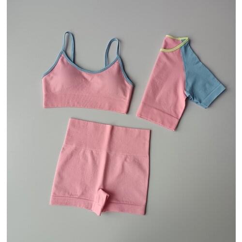 3PCS Patchwork Color Seamless Sport Set Women 3 Piece Crop top Bra Leggings Yoga Sportsuit Workout Outfit Fitness Gym Clothes