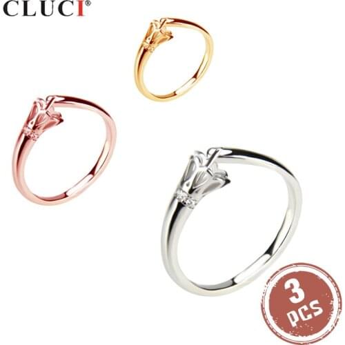 CLUCI 3pcs 925 Sterling Silver Adjustable Pearl Ring Mounting Simple Design Women Zircon Wedding Ring Jewelry SR2061SB