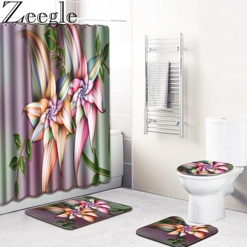 4Pcs Bath Mat Set Anti Slip Carpet Waterproof Shower Curtain 3D Printed Polyester Bathroom Curtains Bathroom Carpet
