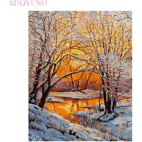 SDOYUNO acrylic painting by numbers with frame for adults dusk snow scene landscape acrylic paints for painting art HandPaint