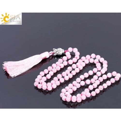CSJA Bohemian Natural Stone Pink Crystal Quartz Boho 108 Mala Necklaces for Women Energy Reiki Buddha Charm Tassel Necklace F178