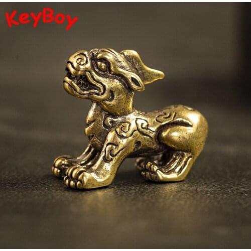 Retro Handmade Solid Brass Chinese Ancient Lucky Beast Qi Lin Key Ring Hanging Jewelry Copper Mythical Animal Keychain Pendants