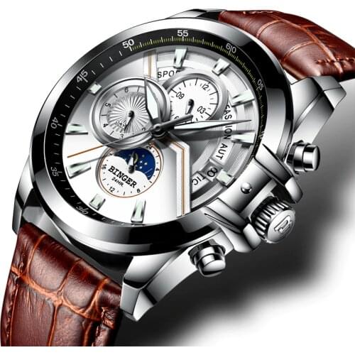 Switzerland BINGER Watch Men Luxury Brand Men Watches Moon Phase Luminous Watches Male waterproof Mechanical Wristwatches B1189
