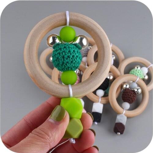 Wooden Baby Teether Infant Toddler Rattle Baby Chewing Teether Toy Newborn Teething Rings DIY Nursing Hand Held Accessories