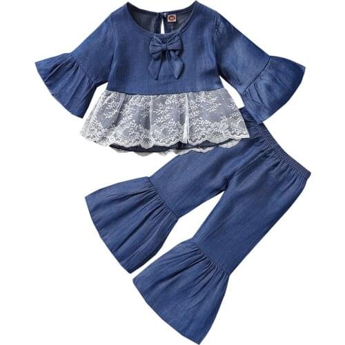1-5Y Kids Girls Clothes Set Lace Splicing Long Sleeve Pullover + Solid Color Bell-Bottom Flare Pants 2Pcs Autumn Outfits