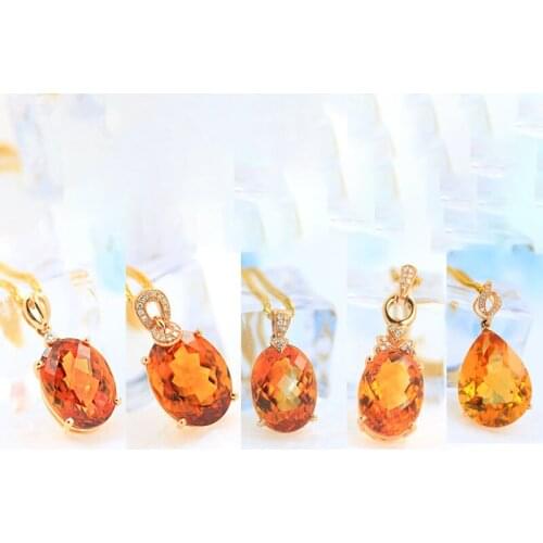 Facted Natural Citrine 18K Gold Pendants With Diamond Women Fine Jewelry
