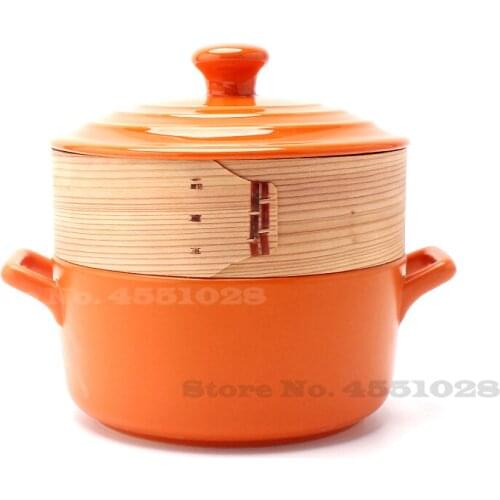 2L Japanese-style Colored Ceramics Casserole with Bamboo Steamer Saucepan Stewpan for Gas Stove High Temperature Resistance