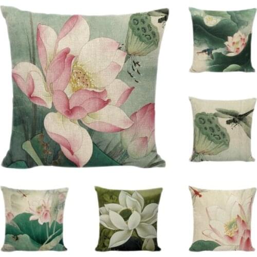 Chinese Style Cushion Covers Pink Flowers Pattern Linen Cotton Modern Art Home Decor Beauty Chair Garden Lotus Throw Pillow Case
