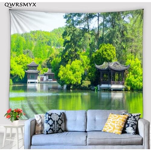 Classical Lakeside Architecture Forest Garden Scenery Tapestry Landscape Wall Hanging Home Living Room Decor Wall Tapestries