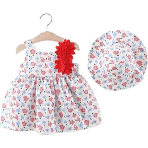 2021 Summer Baby Girl Dress Hat 2 Piece Set Bow Beach Holiday Clothes Baby Sleeveless Party Princess Print Dress For Baby Girls