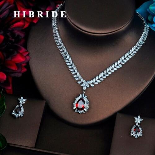 HIBRIDE Brilliant Big Red Full Cubic Zirconia Necklace Set Women Bride Jewelry Sets Wedding Accessories Gifts Wholesale N-428