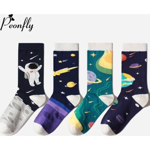 PEONFLY Mens Astronaut Sock Funny Cotton Happy Socks Skateboard Hip Hop Planet Street Crew Harajuku Art Fashion Socks
