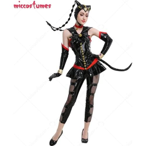 Nyanko Suzu Black Leather Dress Zentai Bodysuit Outfit Cosplay Costume with Headpiece and Net Pantyhose