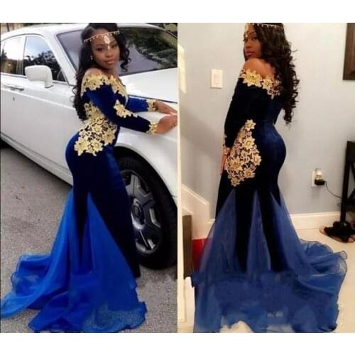 Royal Blue Mermaid Prom Dresses With Gold Applique Long Sleeves Off Shoulder African Evening Gowns Black Girls Special Occasion