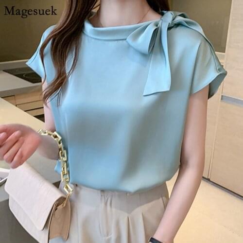 Casual Plus Size Womens Clothing 2021 Summer Short Sleeve Elegant Satin Woman Blouses O Neck Bow Women Shirts Tops Blusas 14342