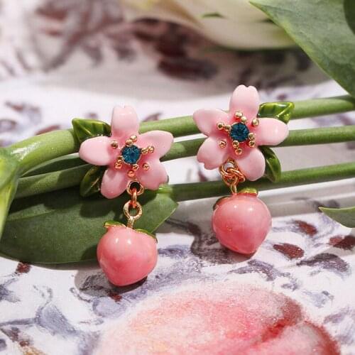 Romantic Sweet Peach Earrings For Women Pink Fruit Pendant Drop Ears S925 Needle Copper Cute Lovely Girl Student Gift New