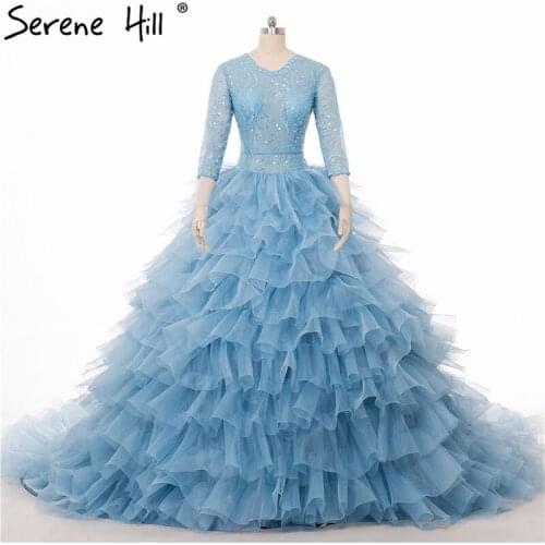 Luxury Ruched Ball Gown See Through Arabic Evening Dresses 2020 New Style Three Quarter Sleeve Sequins Lace BHA2024